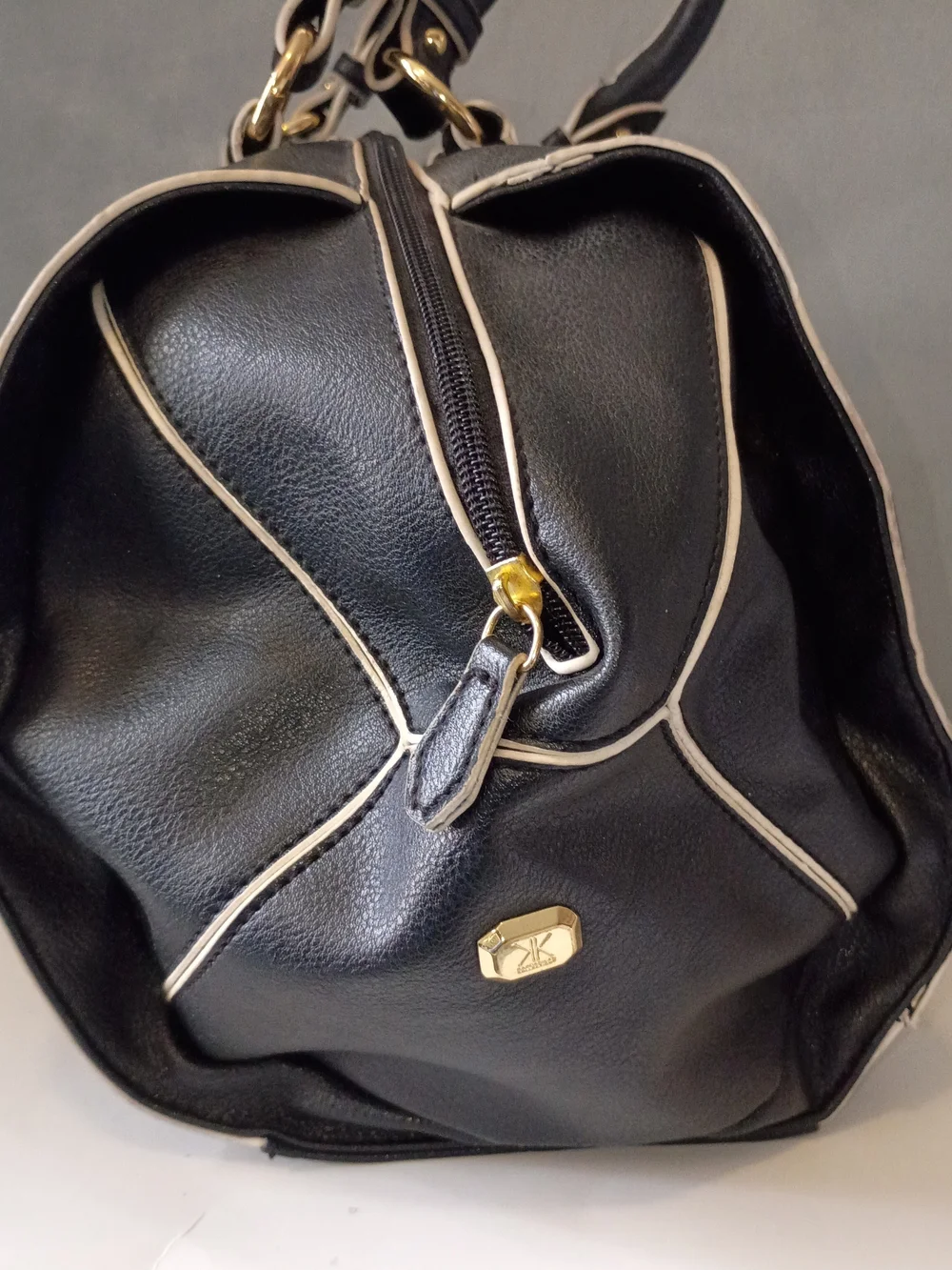 Kardashian Kollection Black Satchel with Cream Trim and Gold Accents